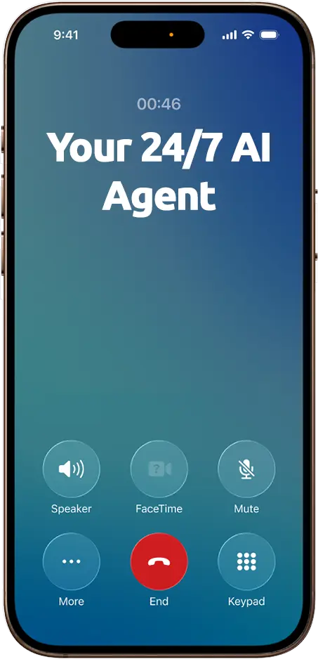 Phone screen showing the AddSomeAI AI agent handling a live call, available twenty-four seven.